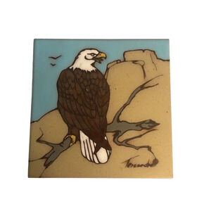 Vtg CLEO TEISSEDRE Designs Bald Eagle Hand Painted Ceramic Tile Trivet C…